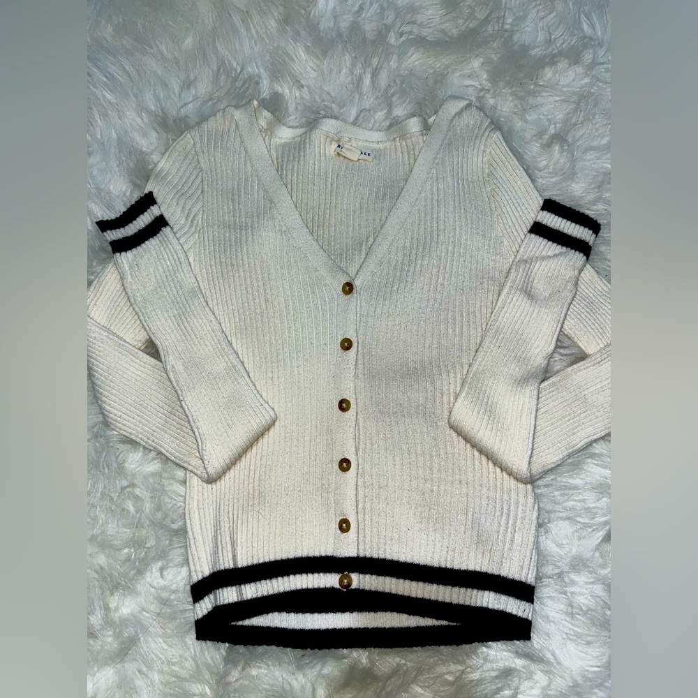 Aeropostale knit button up sweater, striped sleeve cuffs and striped bottom